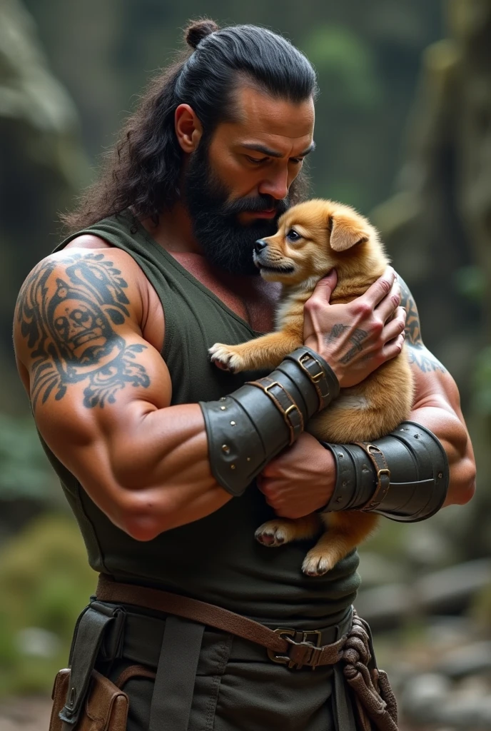A photorealistic portrait of a insanely handsome young man, no shirts, very strong, chiseled and extremely tattooed sitting on a step next to a big fierce dog, a large door as the background, a colorized photo by Jesse Richards, instagram contest winner, maximalism, masculine, handsome, grotesque, photograph, detailed symmetric realistic face, extremely detailed natural texture, peach fuzz, long hair, masterpiece, absurdres, nikon d850 film stock photograph, kodak portra 400 camera f1.6 lens, extremely detailed, amazing, fine detail, hyper realistic lifelike texture, dramatic lighting, unrealengine, trending on artstation, cinestill 800 tungsten, looking at the viewer, photo realistic, RAW photo, TanvirTamim, high quality, highres, sharp focus, extremely detailed, cinematic lighting, 8k uhd,-imagine-