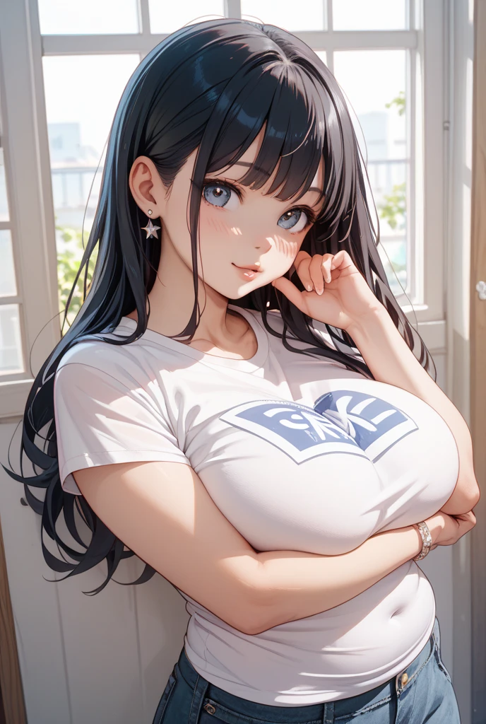 ((masterpiece)), (best quality), (detailed), (1 girl), oversized shirt, white shirt, off shoulder,arms down,breasts squeezed together,elbow squeeze