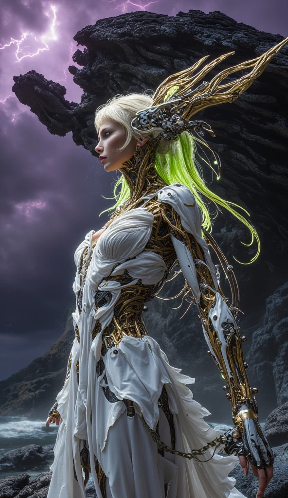 real, real photo, intricate details. A humanoid demon with the body of a woman. black horns, pointy ears. extremely white skin with golden markings. it can be part of the skeleton of your body. The image shows a supernatural being, worthy of a horror movie