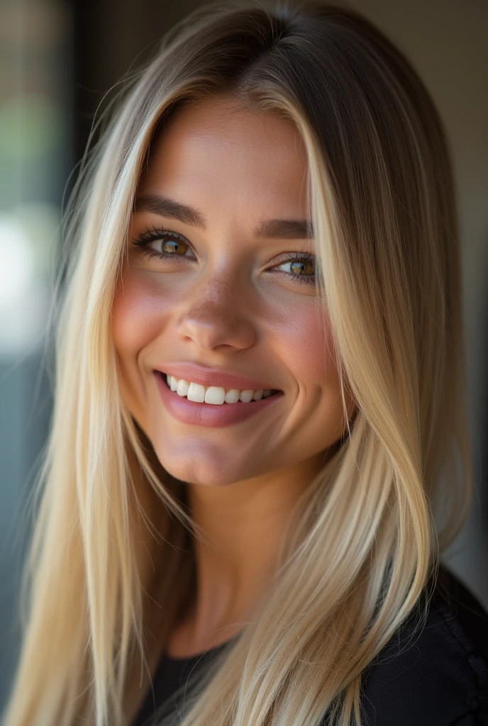blond,belle, visage parfait, lipstick, sourire, very long hair, elle a des boucles d' elle porte dans ses bras sa fille de 4 ans qui est blonde, elle lui ressemble beaucoup, elle est heureuse et elle sourit, la photo est prise de loin dans son salon,