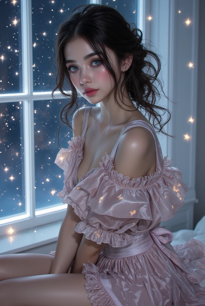 there is a woman sitting on the floor with a tattoo on her chest, inspired by Elsa Bleda, portrait sophie mudd, dua lipa, transparent gray dress, ana de armas, julia sarda, woman in dress, ana de armas portrait, young woman in a dress, portrait of ana de armas, 2 4 year old female model, big , sexy cleavage, full wet body