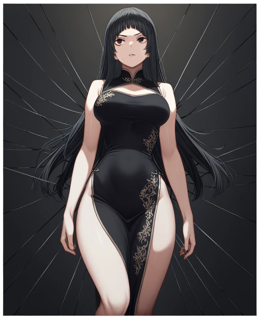 Garota linda de cabelo bob curto preto linda, com olhos azuis e maquiagem linda, pose sensual com vestido preto elegante lindo, corpo esbelto com curvas magnificas