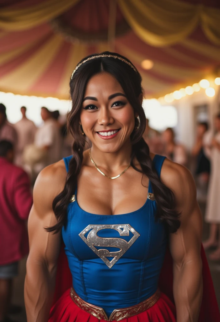 young beautiful Thai woman, blond hair, bodybuilder physique, ase wonderwoman, in the park, masterpiece, best quality, ultra-detailed, solo, outdoors, cheerful, happy, (look at viewer:1.2) (skin texture)