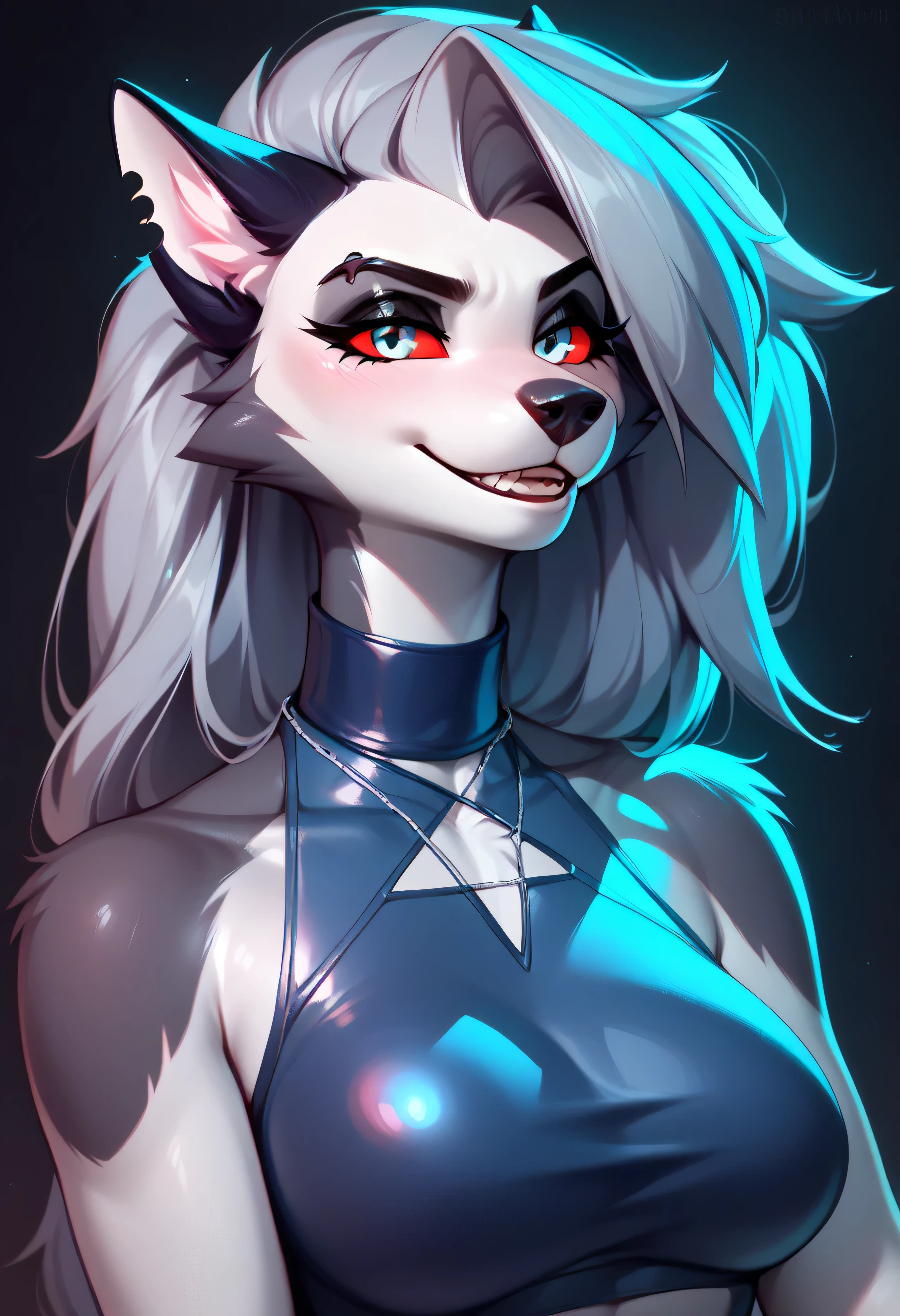Loona from Helluva Boss, anthro furry, medium close-up, mid-laugh with head slightly tilted back, wearing a metallic silver halter top and layered neon chains, cyberpunk inferno nightclub background bathed in strobe lights and holographic projections, vibrant energy in her expression, glowing biomechanical tattoos along her neck, painterly semi-realistic style, cinematic lighting, inspired by Sakimichan