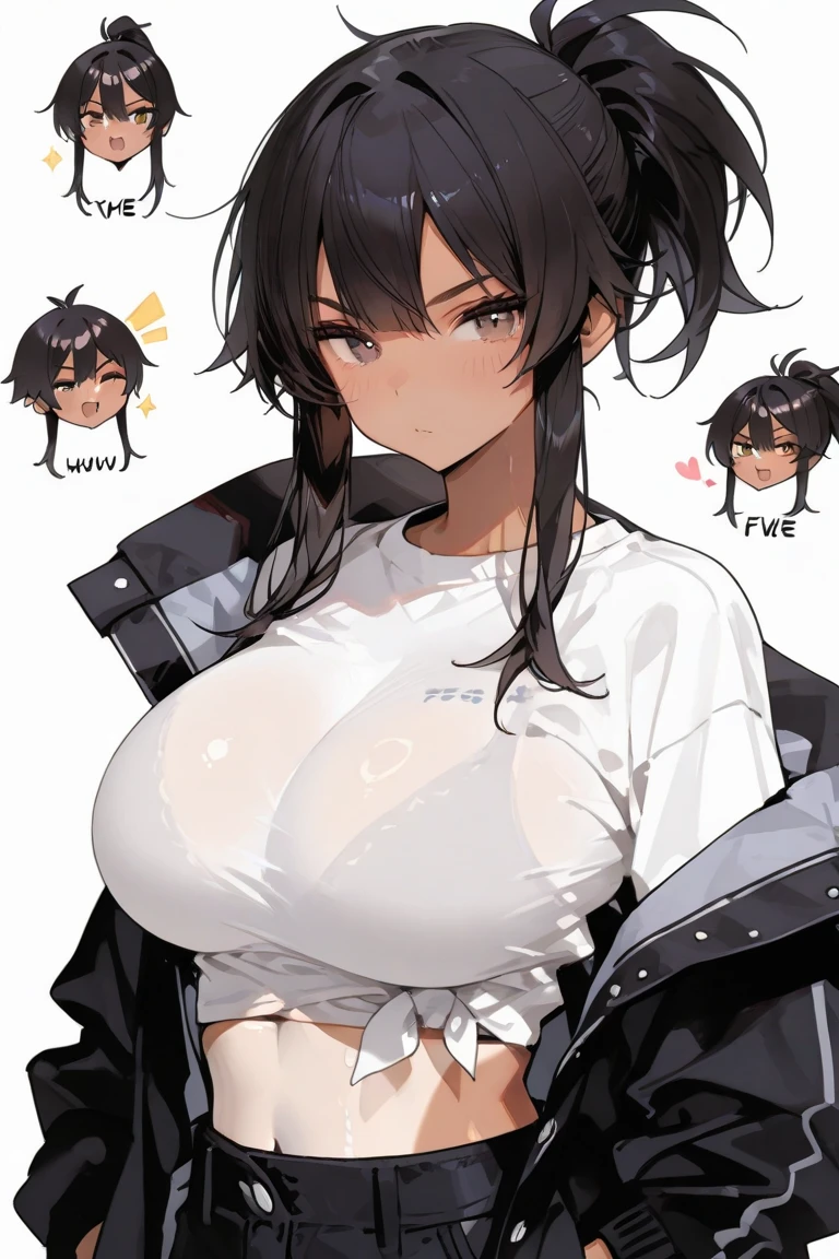 (Best quality, 8k, 32k, Masterpiece, UHD,:1.2),RAW, 1girl,ultra cute , natural lighting,transparent shining eyes, 20yo ,fair complexion, (vulgarity:0.8), (fucked silly:0.8),,(trembling:1.3)),((leather jacket, short pants,)),,White Background, large breast, From above, face Closeup, Cleavage