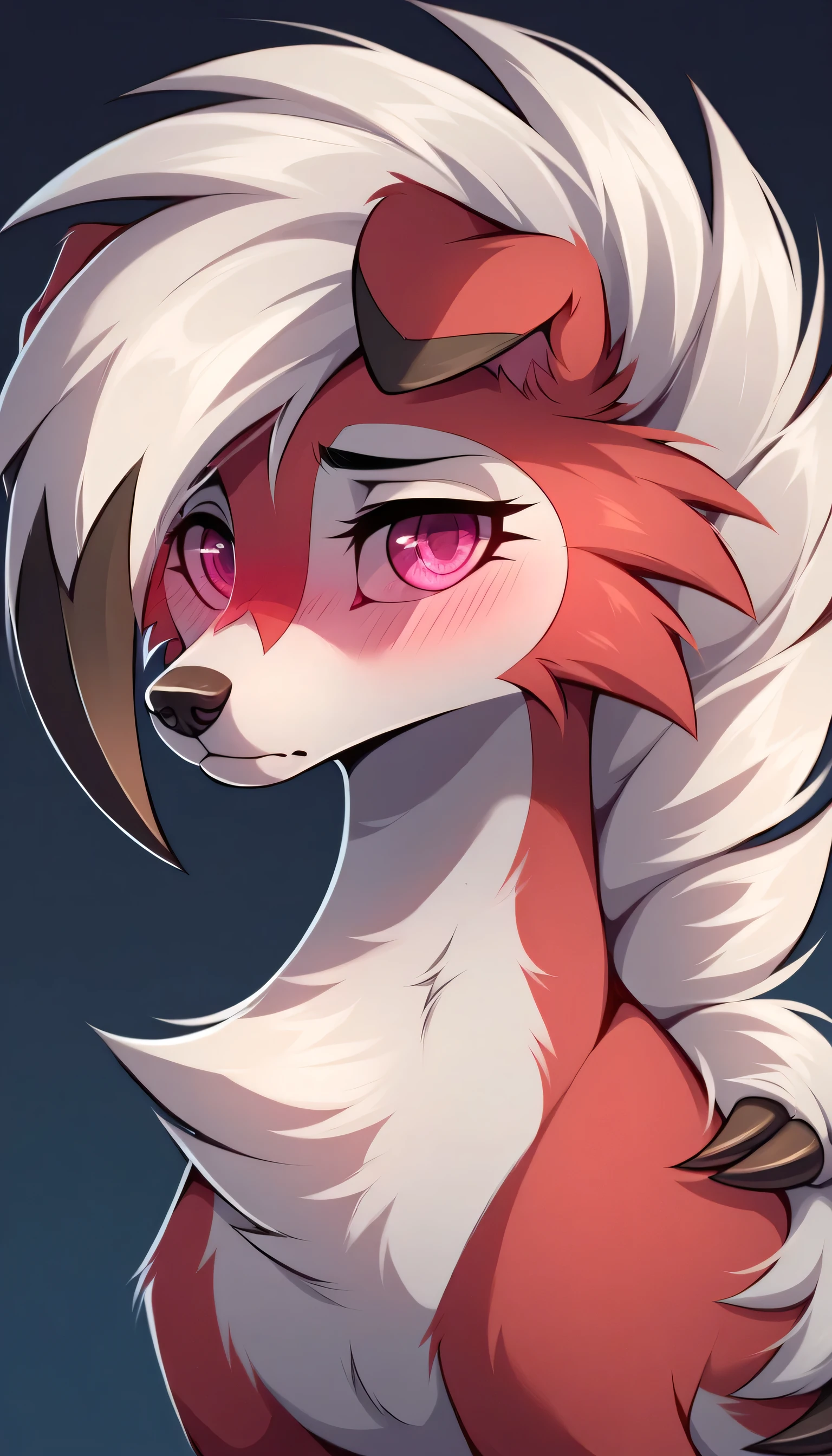 score_9,score_8_up,score_7_up, solo female, animal, female lycanroc midnight, feral, canine, female lycanroc midnight, Feral form, lycanroc midnigh feral form, lycanroc midnight, pink eyes, canine head, floppy ears, canine anatomy, feminime canine, white body fur, red and white head fur, has hair, white hair, white hair pony, beautiful eyebrows, beautiful, canine mouth, canine nose, cute lycanroc midnight, feminime face, dog face, dog wolf, shy, blush, view from front, dutch angle,