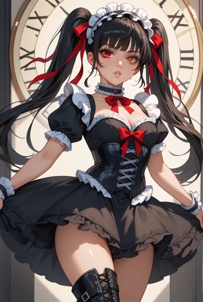 kurumitokisaki, tokisaki kurumi, (Clock Eye:1.5), Black Hair, Long Hair, Twin tails, (Hair on one eye:1.3), (Red eyes:1.5), (Large Breasts:1.4), A proud smile, Gothic, pantyhose, black pantyhose, (Cowboy Shot:1.5),(masterpiece:1.2), Highest quality, High resolution, unity 8k wallpaper, (figure:0.8), (Beautiful attention to detail:1.6), Highly detailed face, Perfect lighting, Highly detailed CG, (Perfect hands, Perfect Anatomy), cute