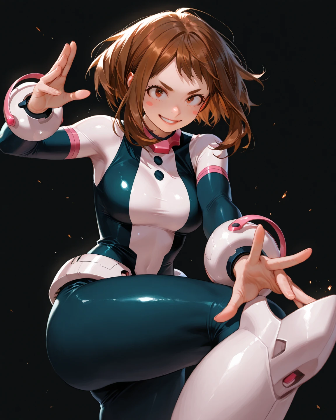 masuter piece, Best Quality, 超A high resolution, Anime style, The best lighting, Beautiful face, ((​masterpiece、top-quality;1.3))、ultra-detailliert、细致背景、1girl in、独奏、A smile、body suit、Ochako Uraraka、looking at the viewers、large full breasts、Light Pink Suit、
school  background、floating, weightless、Rounding the body