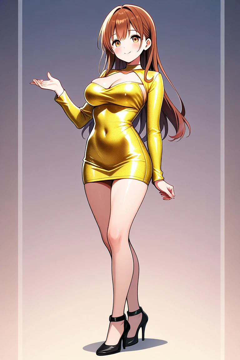 1 futanari girl:1.3, alone, Long Hair, chest, Show Viewer, blush, smile, Open your mouth, Brown Hair, shirt, bow, Twin tails, Brown eyes,, indoor, erection:1.3,Extended period, futanari:1.4, erection under clothes:1.5,shirai kuroko,Super large ,Wearing a gold unitard、Ahegao:1.87、His erect penis is pushing up against his unitard:1.3、Full body portrait