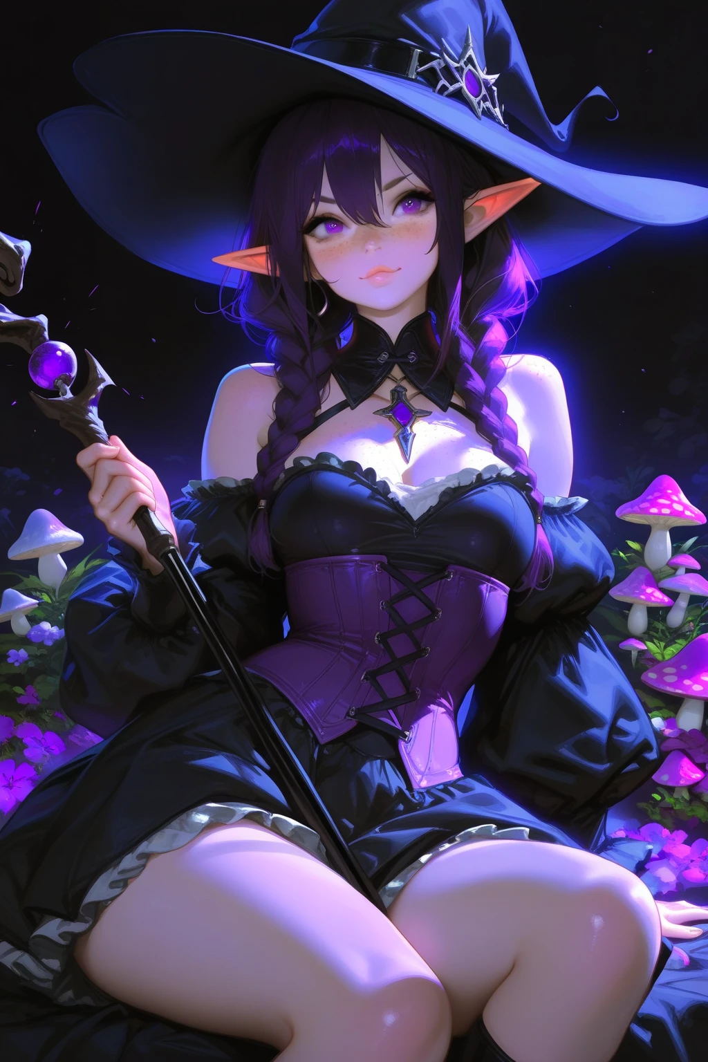 (((master piece, best quality))), 1girl, (((long black hair))), very long hair, (((multicolored hair, gradient hair, two-tone hair, black hair, blue hair, purple hair:1.2))), (((glowing blue eyes))), (((star-shaped pupils))), gothic makeup, (thick eyeliner), lips, eyeshadow, (((black off shoulder tiered sleeve crop top))), ((harness)), large breasts, (((high waist black skirt))), (navel piercing), ((garter)), (gothic ripped stockings), ((gothic black boots)), (((black witch hat))), (((Gothic witch))), scenery, ((forest)), (((haunted forest))), (((glowing mushrooms))), (fireflies), (((iridescent))), (((posing for viewer))), (((close up shot))), more_details:-1, more_details:0, more_details:0.5, more_details:1, more_details:1.5, more_details:2, InkAnime, oni horns, oni_horns, anime_oni_horns, InkAnime, (glowart), Korean webtoon girl, big eyes, ombre lipstick, cute face, oval face, colored hair, curly hair, straight hair, kahuka1, (((entropymagic))), fantasy, decay, dissolving, (((purple eyelashes))), entropymagic, fantasy, decay, dissolving, entropymagic, fantasy, decay, dissolving, colored eyelashes, white eyelashes, glowify, colored eyelashes, white eyelashes, glowify