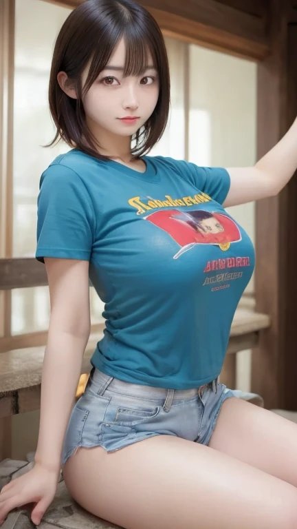 (1girl in)、Colossal tits、breastsout、sun burn、Expose muscles、Sweat muscles、Wavy blonde hair、Tight-fitting t-shirt、Punk Girl、japanes、A MILF、50 years old、denim short pants