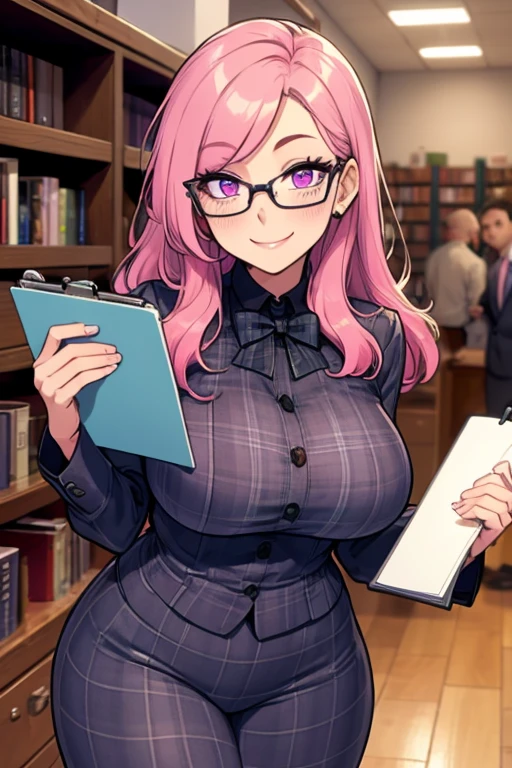 a pink haired woman with violet eyes with an hourglass figure with glasses in a turtle neck and a pencil skirt is putting books back in the library
