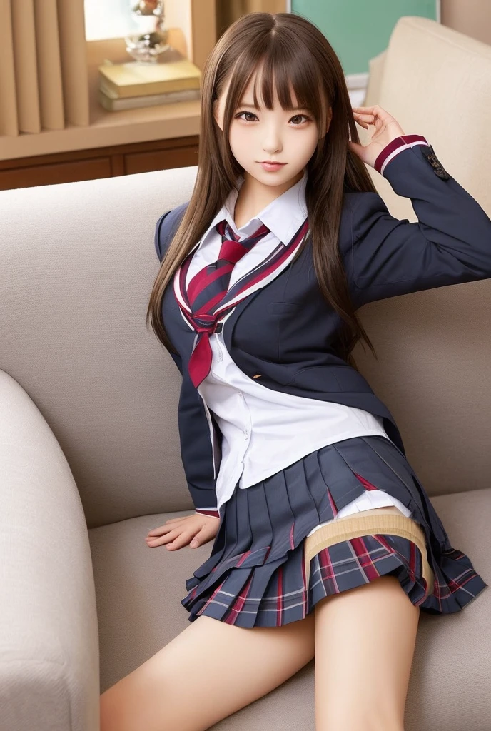 (masterpiece:1.2), super high quality, japanese girl, (super realistic), (super photographic style), 1girl, straight hair, (18 years old), large tits, (((school uniform))), lying on her back on a bed, head on the pillows, smiling, ((legs spread)), 