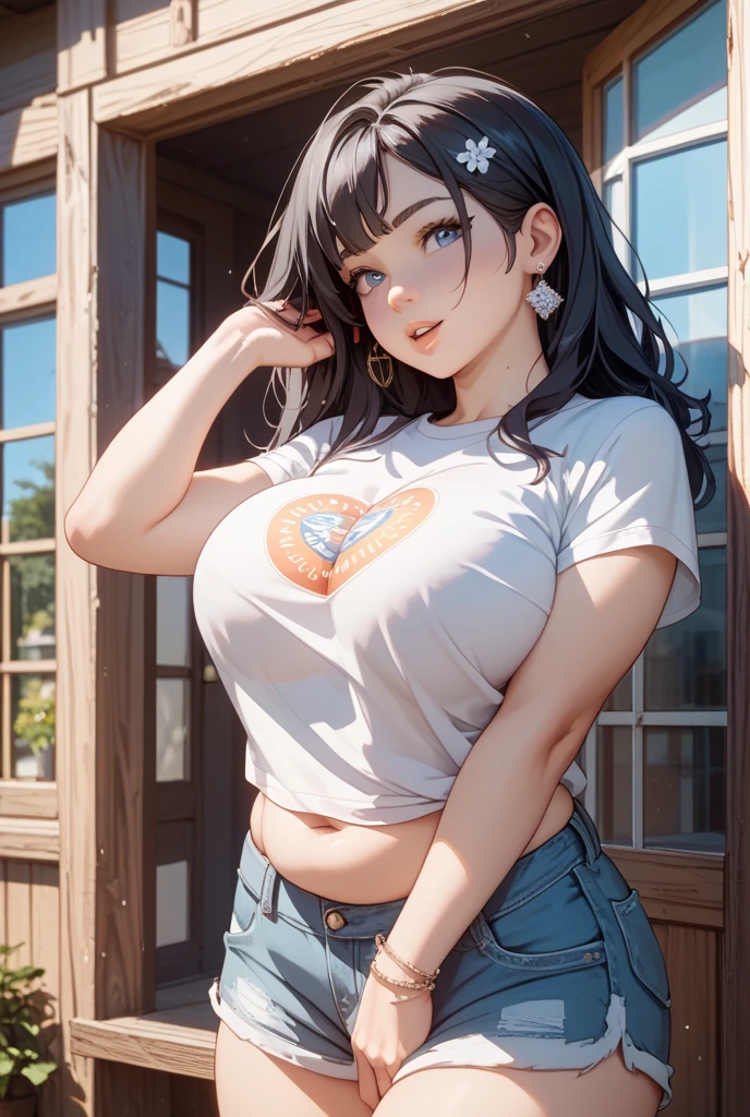 detailed eyes , huge breasts , braided hairstyle , portrait , white t-shirt , dolphin shorts , black background , black hair , smile , black eyes ,  attention