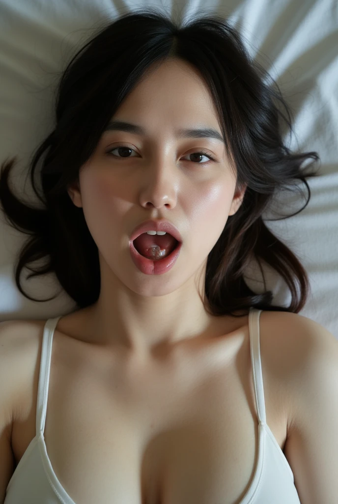 (Best Quality, 8K, 32K, masutepiece, nffsw: 1.2), Pictures of cute women, 1 girl, Black hair, (Long straight hair: 1.2), (Dull bangs: 1.2), (Open Mouth and Tongue Sticking Out: 1.8), Pretty, Realistic body, Fair skin, Shiny skin, Good figure, Realistic face, Beautiful detailed eyes, drooping eyes, Beautiful eyes, Black eyes, Beautiful clear eyes, ( Sleeping on the floor: 1.2), Big breasts,