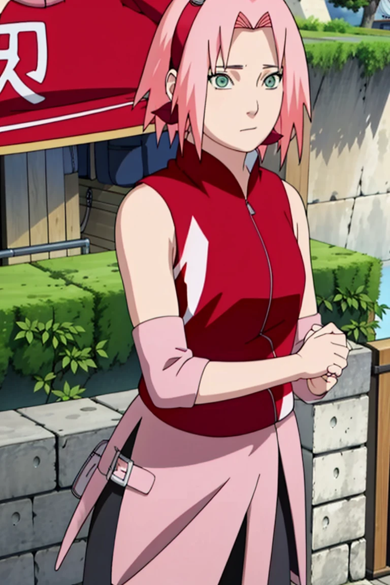 High-quality, ultra-detailed, realistic artwork of a scene from "Sakura Shippuden" with vivid colors, perfect for 4K or 8K resolutions. The scene depicts Sakura Haruno, a young woman, standing gracefully in a garden surrounded by blooming sakura (cherry blossom) trees. She is wearing a red jacket embroidered with the symbol of Konohagakure, the Hidden Leaf Village. Her leg is bandaged, indicating a recent injury. Sakura is wearing a short skirt and toeless footwear, emphasizing her femininity and agility. Sakura has shoulder-length bangs that softly frame her face, revealing her beautiful, green eyes. Her face is adorned with a forehead protector, which bears the Konohagakure symbol, signifying her allegiance to her village. The artwork showcases Sakura's attention to detail, including her long eyelashes, detailed lips, and delicate features, capturing her determination and inner strength. The lighting in the scene is soft and warm, casting a gentle glow on the petals of the sakura blossoms. The vibrant colors of the cherry blossoms contrast against Sakura's black short sleeves and gloves, adding depth to the composition. The overall color scheme leans towards pastel tones, enhancing the serene and tranquil atmosphere of the garden. This masterpiece artwork aims to capture the essence of Sakura Haruno's character, portraying her as a confident, skilled kunoichi amidst the delicate beauty of the sakura garden. The attention to detail, vibrant colors, and realistic rendering will bring this scene to life, evoking the spirit of "Sakura Shippuden" in a visually stunning manner.