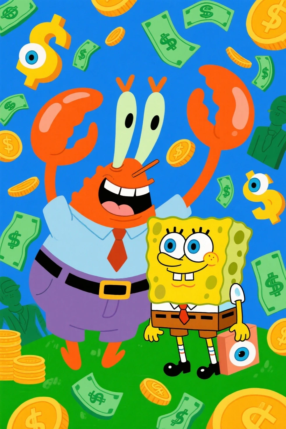 1boy, male, solo, Mr_Krabs, red body, red skin, shiny skin, claws, triangular shaped body, chubby,  eyestalks, brown eye lashes, big pupils, black pupils, stubby legs, blue collared shirt, white undershirt, bluish purple jeans, black belt, yellow belt buckle, masterpiece, best quality, amazing quality, very aesthetic, absurdres, newest, high quality, abstract background, perfect lighting, volumetric lighting, half lidded eyes, smug, holding money