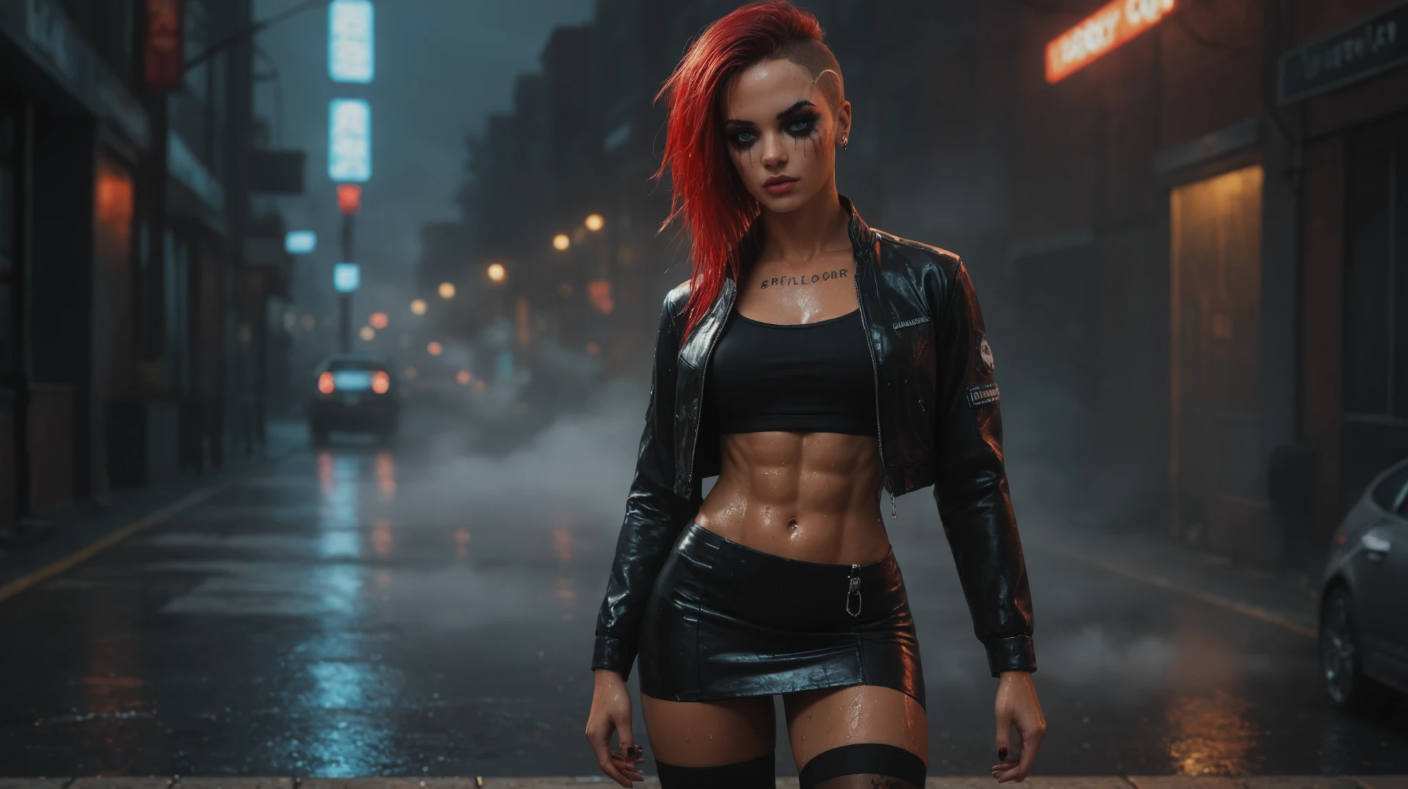 (realistic,photography:1.2), full body shot, slender sexy punk woman, techno aesthetic, techno fashion, festival outfit, tight Crop half opened transparant grayish tanktop , white tight mini panties , black make-up, smoky eyes, abandoned industrial background, vibrant colors, high contrast lighting, dramatic pose, confident expression, urban vibe, night scene, dynamic composition, edgy atmosphere, energetic mood, futuristic elements, bold hair color, high-resolution image, crystal-clear details