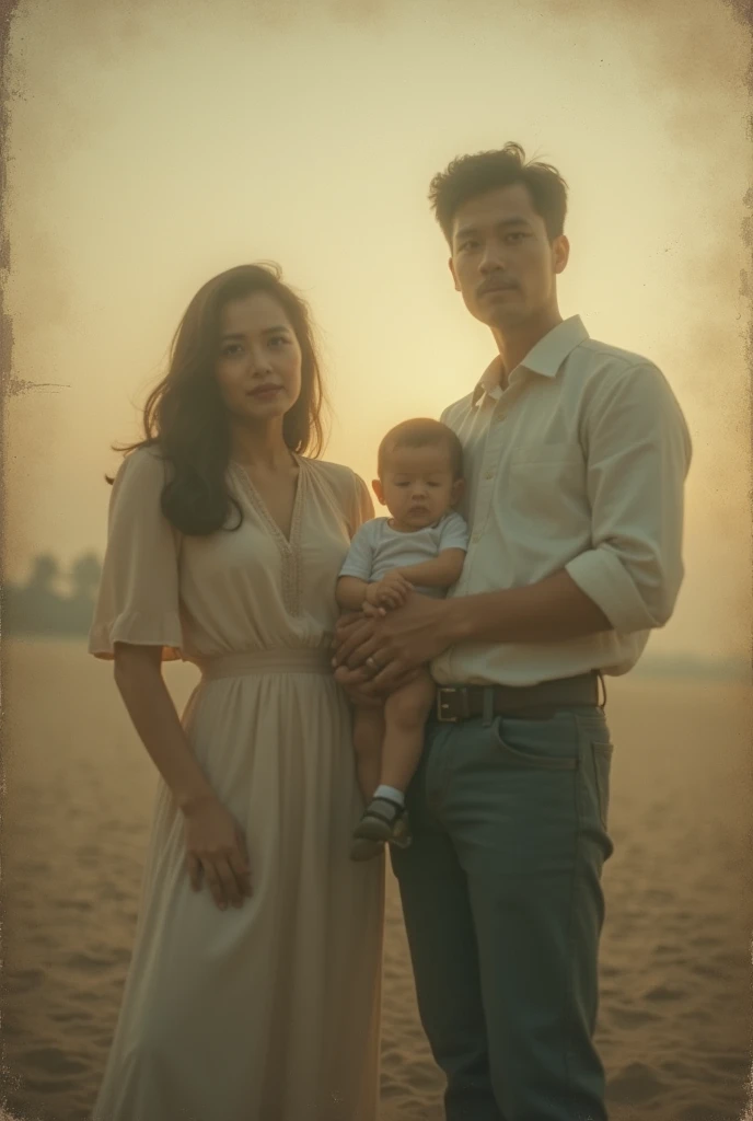 Risks of Father and Son Hugging, both of the same height, the son on the right side, on the father's left side a baby daughter ... all from coasts