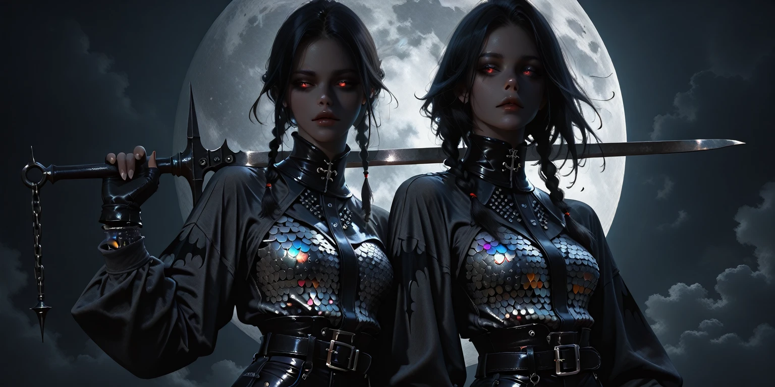 Film noir effect, color effect solo, reaper, Female, scary look, creepy look, horror, sew lips, seductive body, Anime-inspired, huge braid, extremely detailed, gothic clothing, tattooed, frowning, dark theme, heterochromia, terrifying, colored eyes and lips, Satanic Symbols