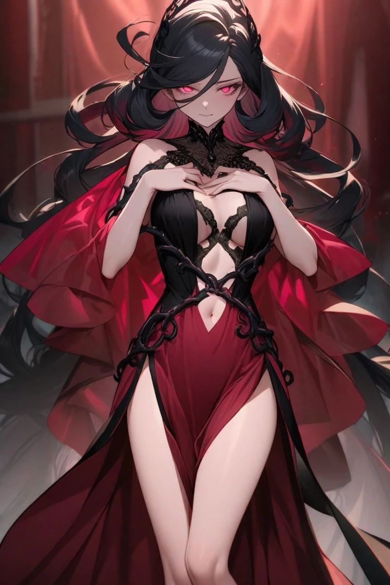 Create an image of the most stunningly gorgeous beautiful perfect sexy vampire elf, beautiful perfect face, long luscious eyelashes, black eyeliner, perfect makeup, lipstick, vibrant detailed vampire slit pupils, luscious black hair, highlights in hair, seductive gothic intricate black dress, full body view,