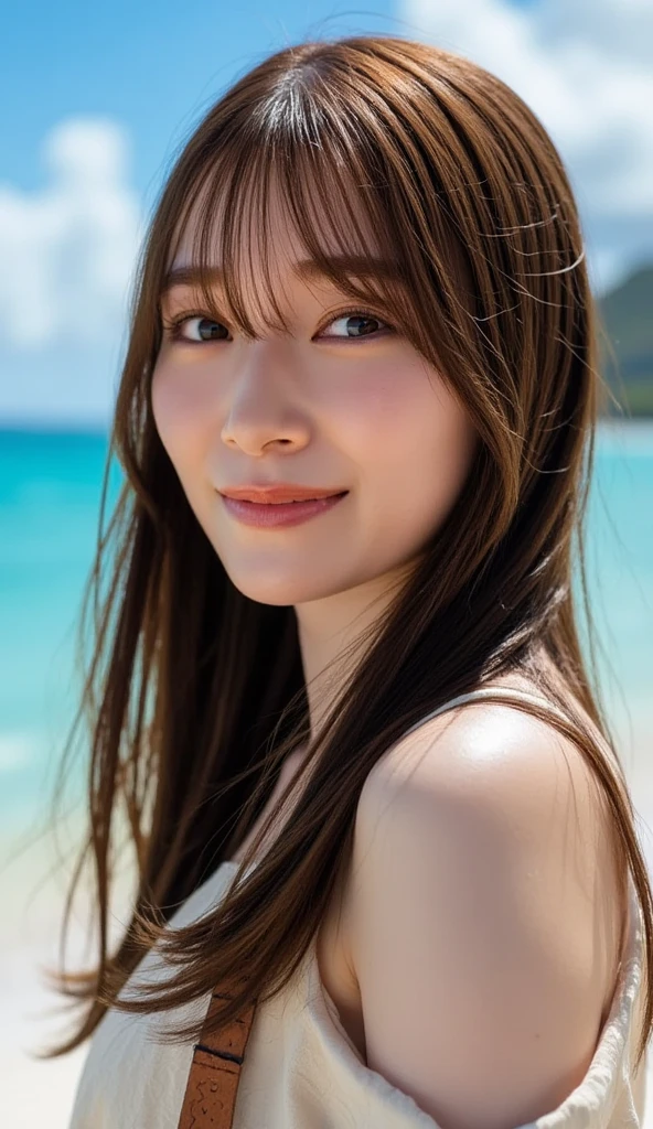 Natural and stunningly beautiful photo of a half-Japanese half-Korean woman. Masterpiece quality hyper-realistic photo. High level of detail image, excellent lighting, stunningly beautiful woman without makeup, 25-year-old woman, calm expression, droopy eyes, full lips, small face, fair skin, (brown short straight bob hair), (she is wearing a white silk swimsuit), (she has a seductive expression, she has her lips pouted), (she is modeling on the beach), (background: beach chairs by the sea, blue sky, sea, sun), hyper-realistic, nikon d850 film, kodak portra 400 camera f1.6 lens, highly detailed, amazing fine details, rich colors, highly realistic realistic textures, cinestill 800 tungsten, photorealistic, RAW photo, high quality, sharp focus.