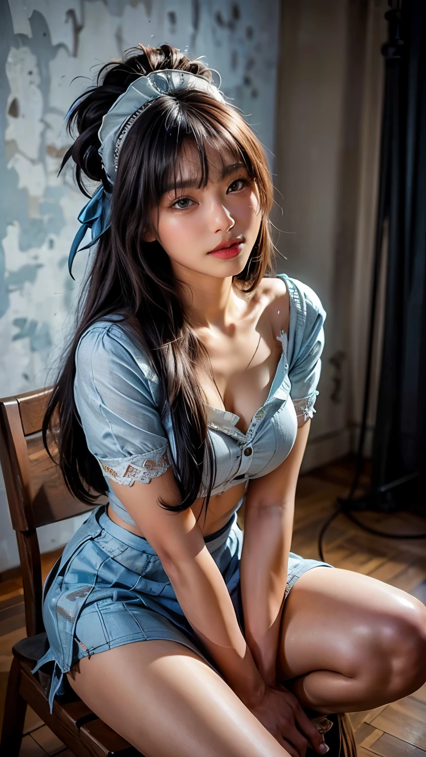 Best Quality、masterpiece、8k,16k、 Detailed Description 、 depiction of an anatomically correct body、 RAW Photos、SLR camera 、 full size sensor 、F1.8,1/125,ISO10, long hair、Brown Hair、 small face、Double eyelids、 long lashes、Clean and tidy nose 、Sexy lips、submissive, horny,slut, (((light blue miniskirt maid outfit:1.5))),I'm wearing black fishnet tights:1.5, sitting on a chair 、Long, slender legs、 Medium Bust、 tight waist、The best smile:1.5, Full Body Shot :1.5,white camera studio background:1.5,Wearing black high heels:1.5,