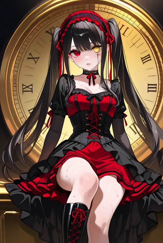 Extreme skin texture, hair details, clear pores, natural sweat hair, lip details, distinct upper and lower lips, skin contours, smooth arms, thigh and calf lines, sole texture, clothing texture, waist curve, golden ratio, facial texture, chest details, 8K, kurumi tokisaki, black long hair, twin tails, frilly headband, red ribbons, heterochromia, yellow clock eye, red eye, choker, red and black gothic ta dress, frills, corset, black knee boots, lace-up boots, intricate design