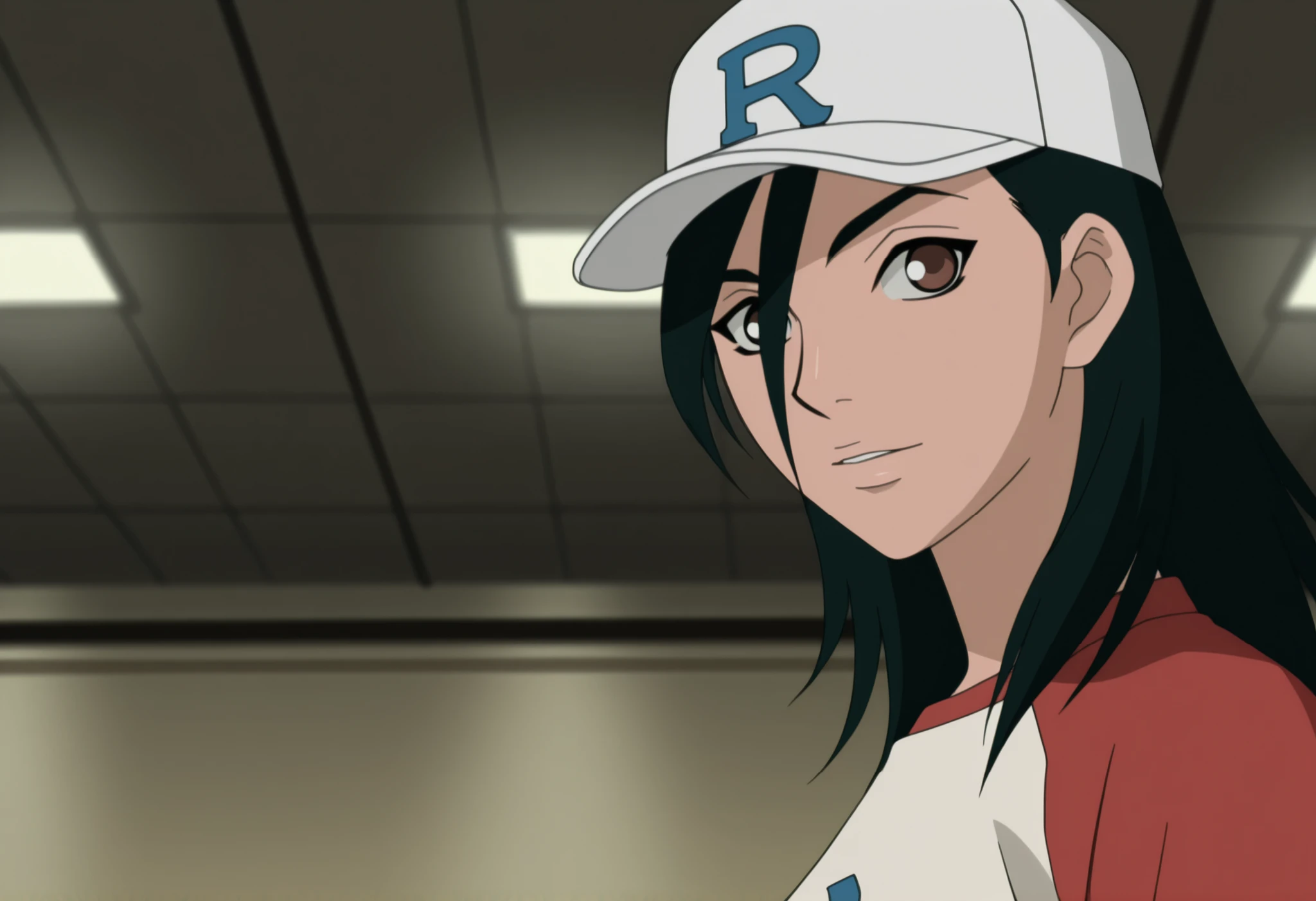 anime screencap,anime screenshot,minamimaho, raglan sleeves, baseball cap, looking at viewer,
