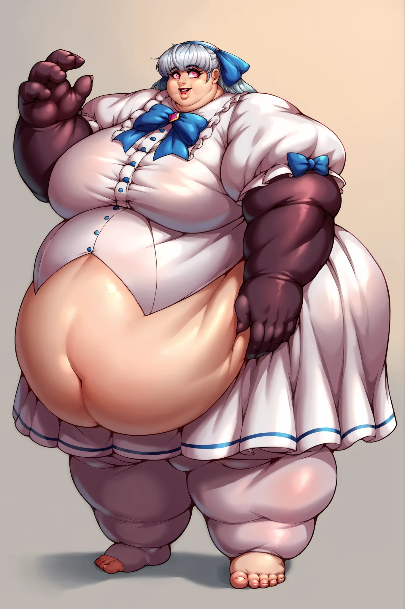 (masterpiece,best quality:1.2),1girl,solo, (white turtleneck cropped sweater, sleeveless, white gloves, long white socks, black pleated skirt, long curly wavy brown hair, black beret, big black neck bow, extra accessories, sitting on floor, light blue eyes, smile, white bow in hair, super big thighs, tall, super thicc, super thick body:1.2), indoors, (big bursting round breast, super milf, side boob, super bbw, perfect breast:1.2), (gigantic belly, stuffed belly:1.5)