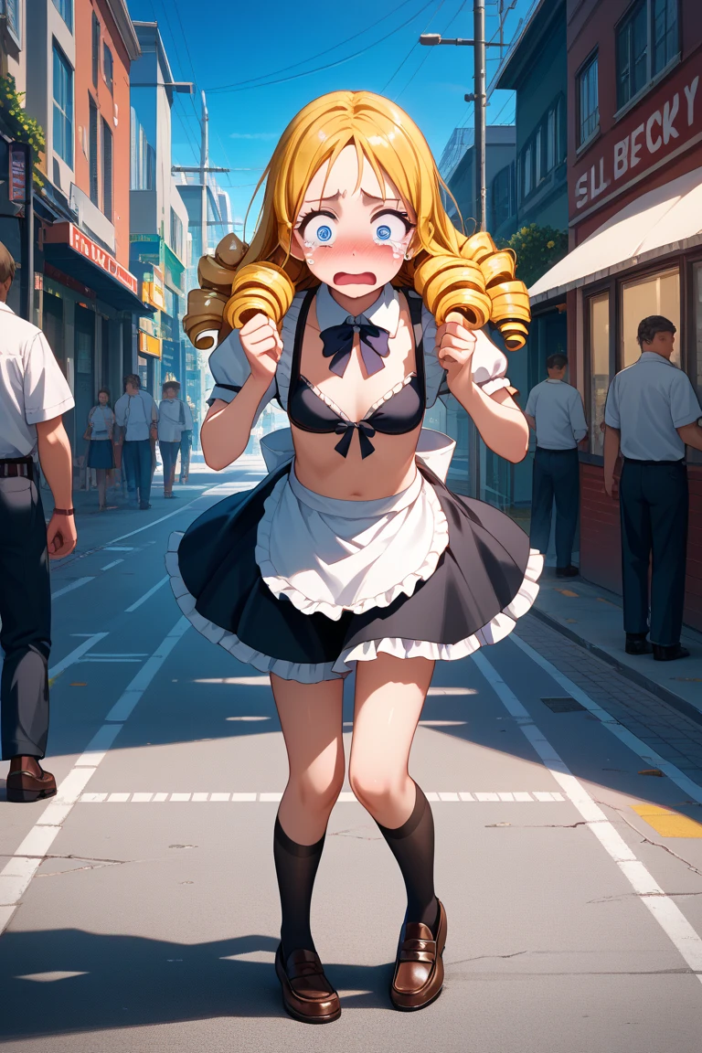 Completely naked、16 year old female knight、Blonde、vexation、blush、In town、crowd、running、Pubic hair exposed、Cry、Highest quality、