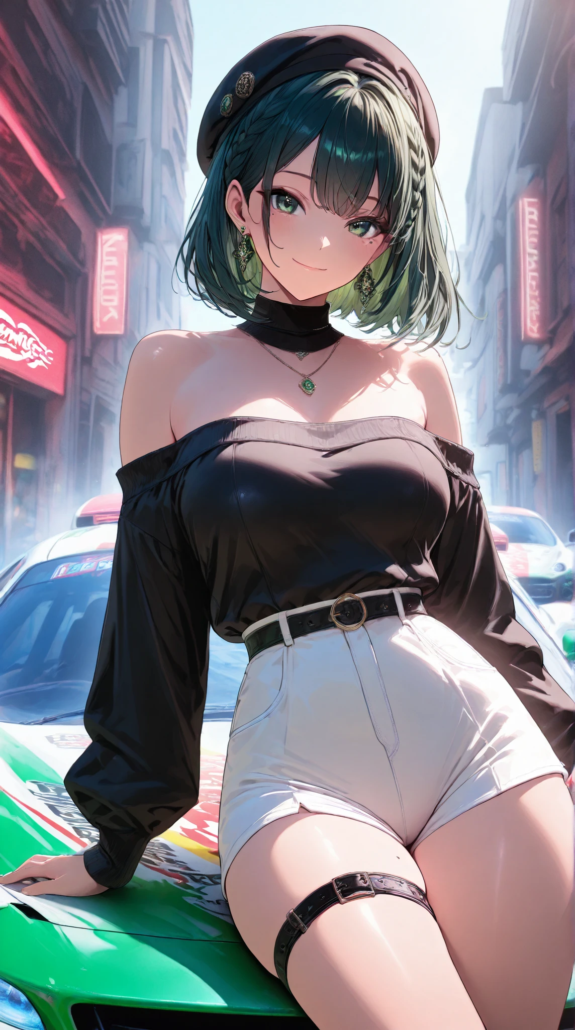 1girl,a beautiful fashion model ,(masterpiece, detailed background, best quality),short and shiny hair, blue green hair, hair with highlights, bangs, smirk,juicy lips,red lips, calmart, lingerie, stripping, elegant makeup, blue eyes, full body shot, (shiny skin), cyberpunk, sci fi, boa, extravagant jewelry, cocky expression, covered in jewelry, fancy, white dress