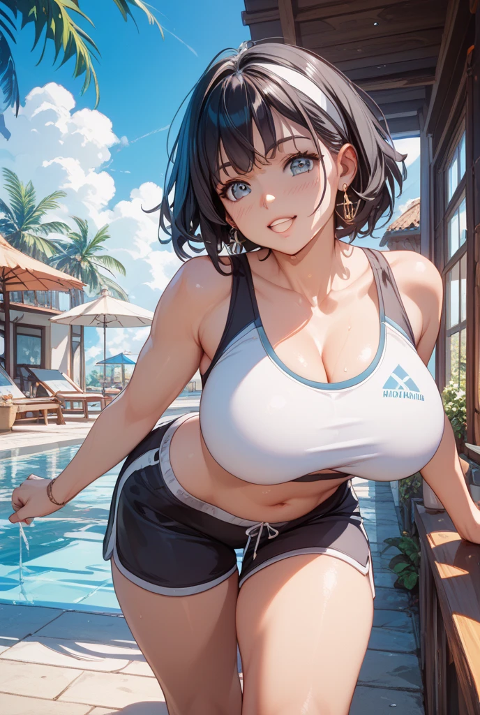 1girl, natural lighting, masterpiece, highly detailed, illustration, game CG, absurdres, high quality, aichan, large breasts, beautiful detailed eyes, short brown hair, side braid, light smile, swimsuit with microskirt, sitting, on a rock, midriff