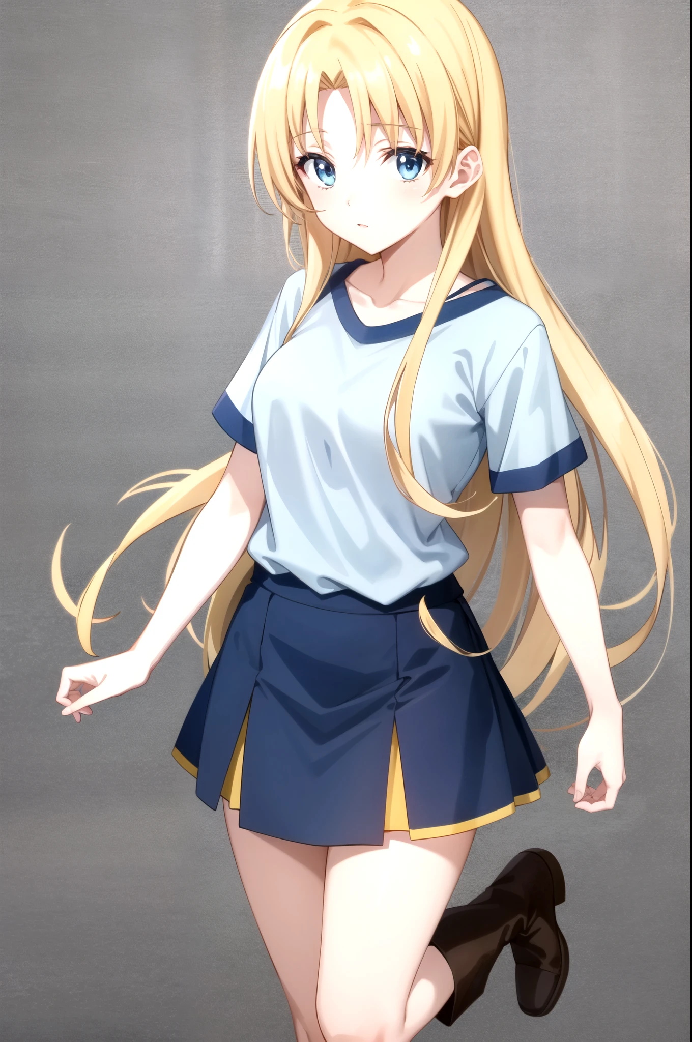 1girl, standing (Anatomically Correct body 1.6 ) Blonde anime girl with long hair of (eye Yellow Navy blue t-shirt and light blue skirt (color) And brown boots 1.6)