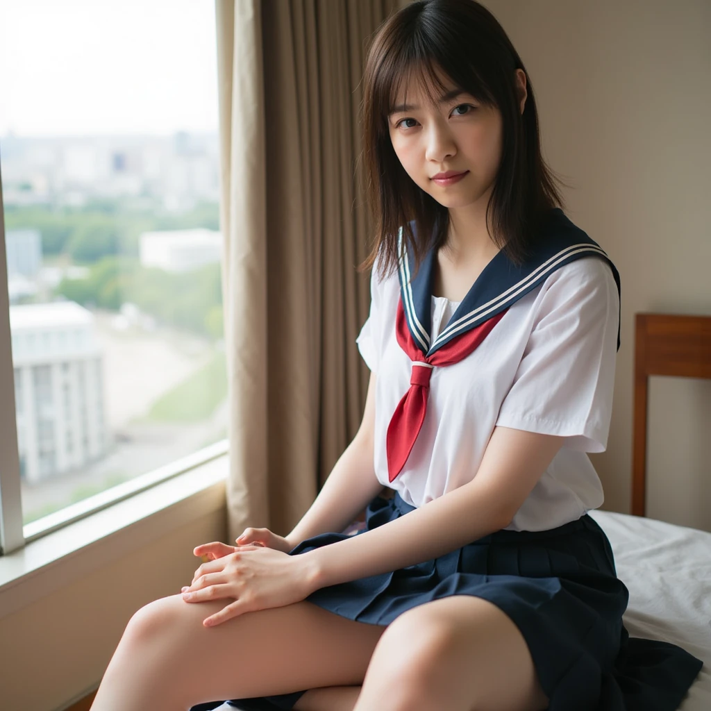 8K, RAW portrait (japanese woman),masterpiece、Photoreal:1.3、realistic, ultra high resolution, highest quality, real life photos ,( in the evening :1.1), ((((1 girl:1.5))))、(cute face:1.3)、日本の1 girl,((1 Japanese high school girl))、((1 real high school girl))、((Japanese high school uniform:1.6))、 cardigan,slender body、in the room、((sleeping on one&#39;s back:1.7)) big, beautiful, fine eyes, black hair,(Depth of written boundary:1.3)、 ((dark brown eyes:1.2))、(realistic skin texture:1.3)、(An immersive atmosphere:0.8、chiaroscuro:1.2) 、(show viewer:1.3)、((smile:1.3))、((from belowの天井:1.2))、((woman rolling up her skirt))、((from below:1.0))、((close-up of crotch:1.35))、((spread your legs to the side:1.4))、(((open shirt)))、((visible nipples)), pussy