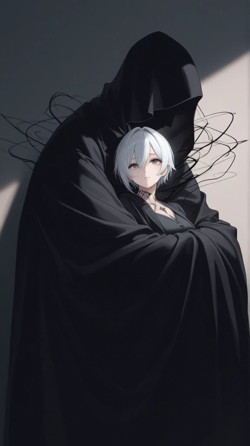 a girl, seductive girl, seductive smile, makeup, black tights, black pantyhose, short hair, bangs, silver hair, black coat, soft fabric clothes, full body,
