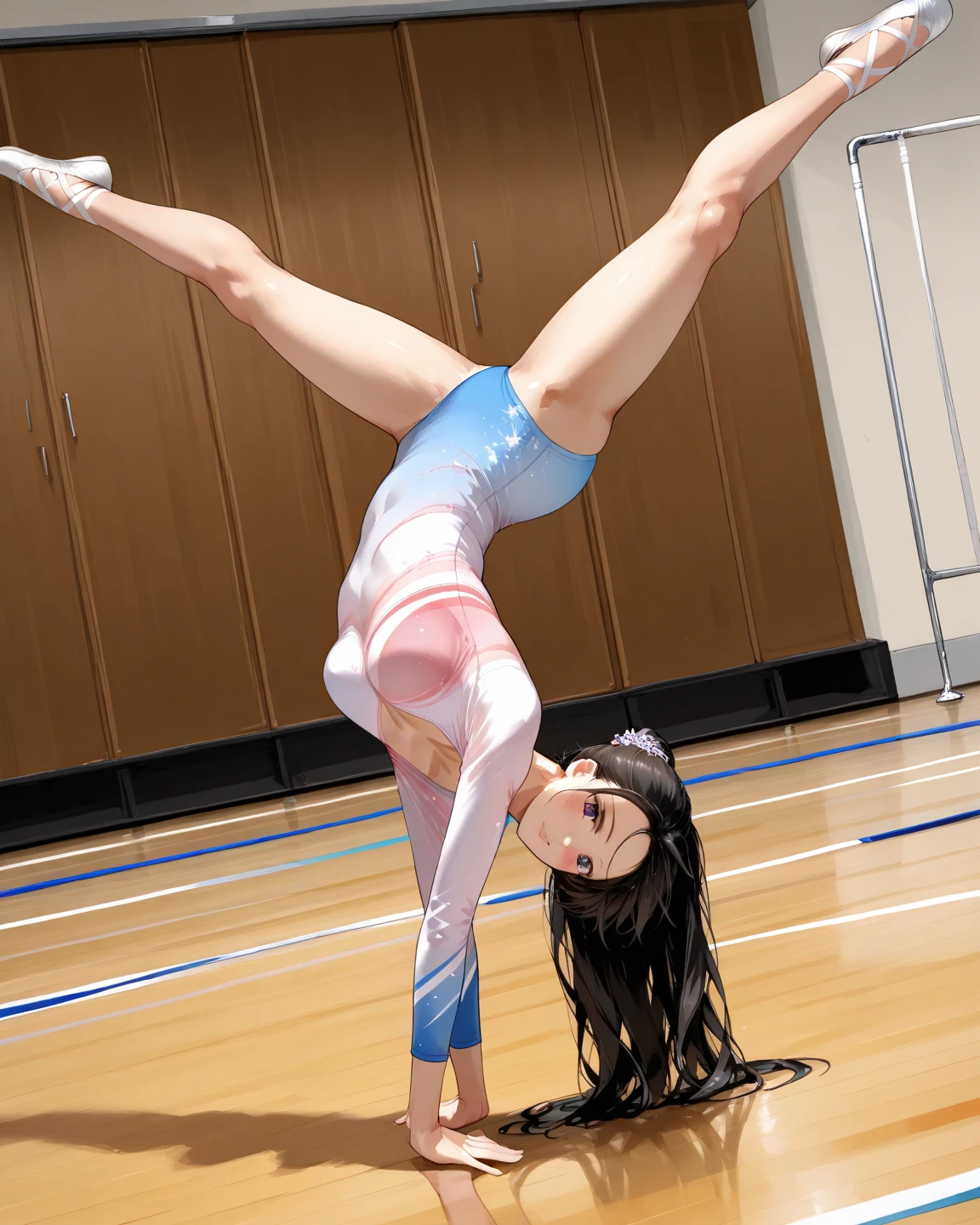 (1 Female gymnast:1.2), 16 year old beautiful girl, ((White long sleeve leotard)), At the gymnastics stadium, Beautiful thighs, masterpiece, highest quality, High resolution, (Open your lips slightly:1.1), Slender figure, The thin fabric of the leotard clings closely to the skin., Too cute small face, The whole body is wet with lotion, (Perfect limbs), short-haired with bangs, (blush), (40 year old mafia man:1.2), penis enters vagina, behind, Spread your legs, Beautiful depiction of the vagina, ((Binding, Rotate your arms behind your back:1.4)), ((Restrained by rope Bondage The rope digs into the girl's chest and crotch.))