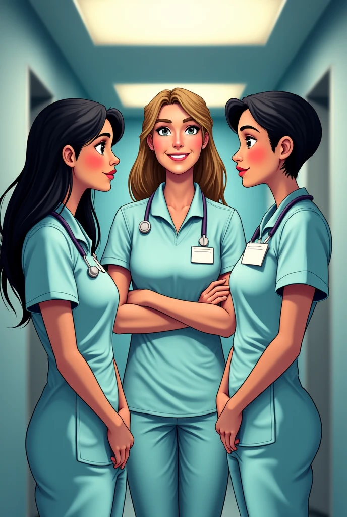 Five brunette women, Brown eyes, Hair tied up. She is a doctor in the French army.. Her outfit gives us a glimpse of her beautiful décolletage.. She put the stethoscope to her ears、Looking at the camera and wearing blue latex gloves.