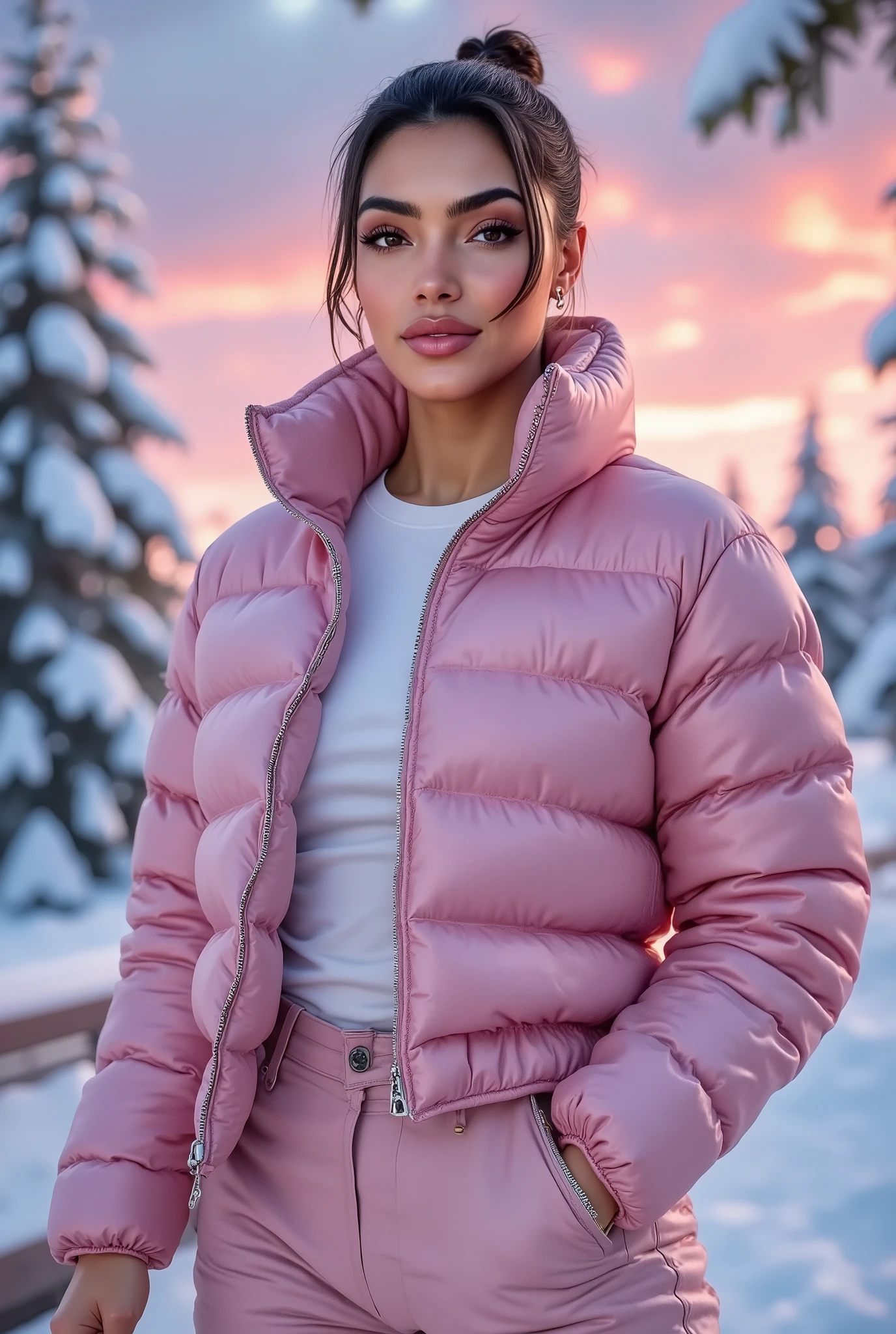 photorealism, lean fit body, a young woman, (realistic:1.2), (ultrahigh detail:1.2), (romantic soft lighting:1.2), puffer down jacket & pants, leather, beautiful realistic eyeantastic face, beautiful look, Michael Garmash, Daniel F Gerhartz, Storybook style, warm dreamy lighting, volumetric lighting, pulp adventure style, fluid acrylic, dynamic gradients, vivid color, illustration, highly detailed vector curves, smooth and clean, vector art, smooth, Johan Grenier, character design, 3d shading, cinematic, ornate patterns, elegant organic framing, hyperrealism, posterized, collection of masterpieces, lush vivid colors, twilight, wet gouache. Background: Beautiful, Snowy landscapes, warm, pale pink, Another winter tree, Bright color, Bright, blue skies, covered with clouds, The Spirit of Hope, Calm and peaceful landscape.