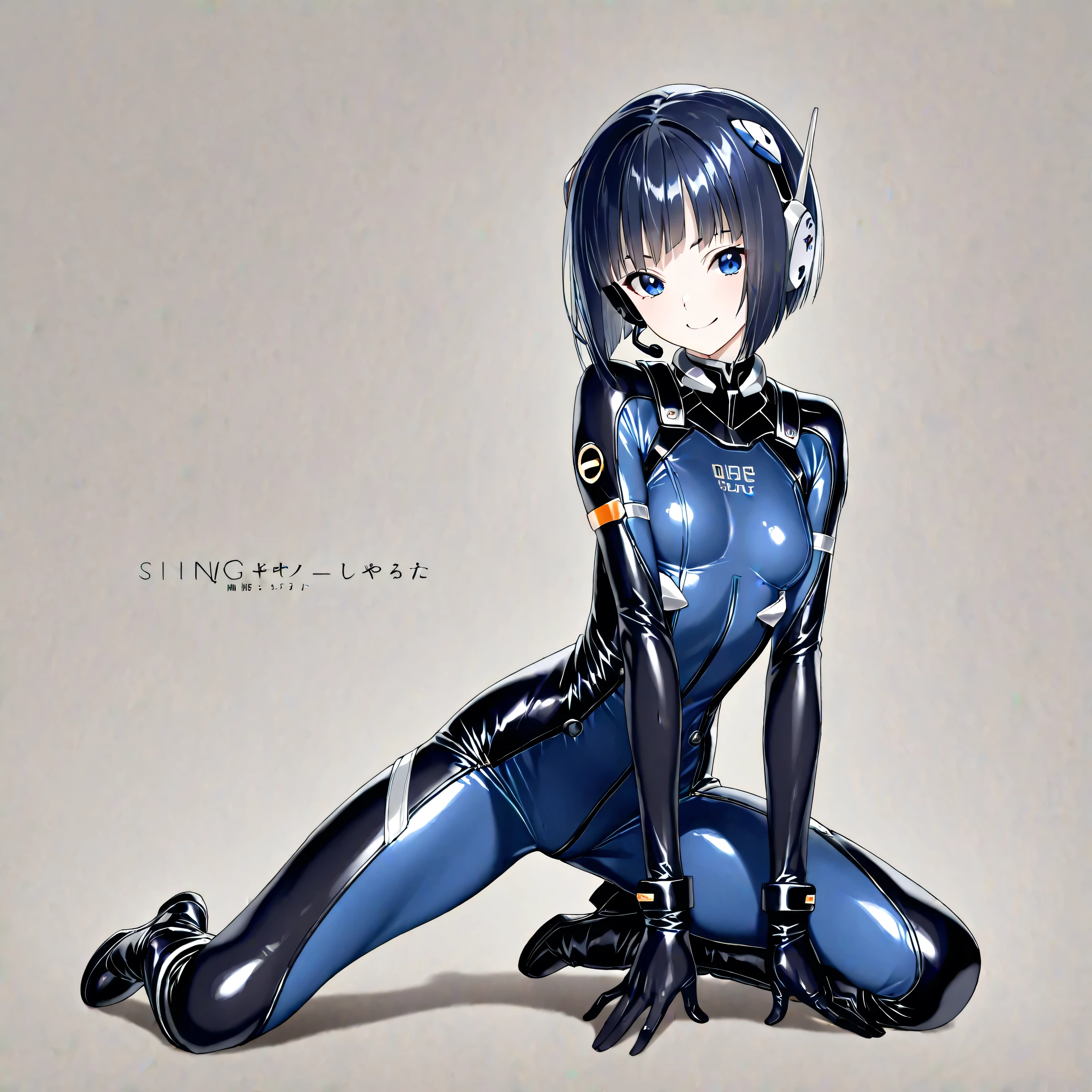 (masterpiece、Highest quality、Highest Resolution、clear_image、Detailed explanation、Top view): (Full body portrait、One 20 year old girl、The Face of Japan、Small face、thin、Navy blue super short bob cut hair、(Hidden Small:1.3)、Sparkling Blue Eyes、Blue and black shiny pilot suit、Armor to protect the chest、Tight fitting clothes、Clothing that covers the entire body、Shiny clothes、Tight Fit Pants、Hide your skin、Very delicate and beautiful、Detailed skin、hide thighs、Hide your ass、Cute type、A kind smile、Soft look、heroine、headset、Knee-high boots、Elbow-length gloves、Eye-level shot、Facing forward、Woman on a spaceship)