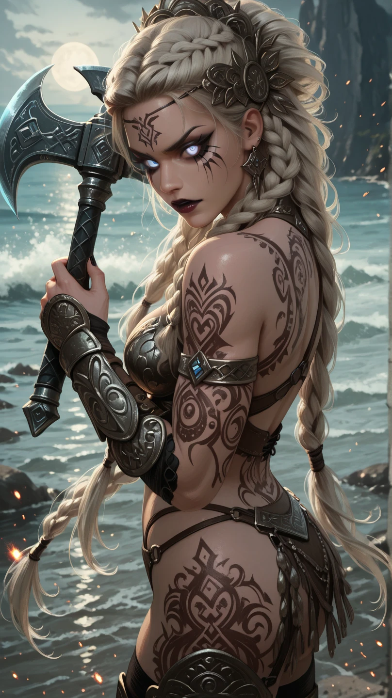 ((best quality)), ((masterpiece)), ((realistic)), (detailed), portrait, full body shot, young female Viking, back view, Viking tattoos, muscular, wearing Viking bikini, highly detailed skin, looking at the viewer, Viking art, stunning gradient colors, no watermark signature, detailed background, Viking ship, ship deck, closed mouth, insanely detailed, , ((masterpiece)), absurdres, HDR