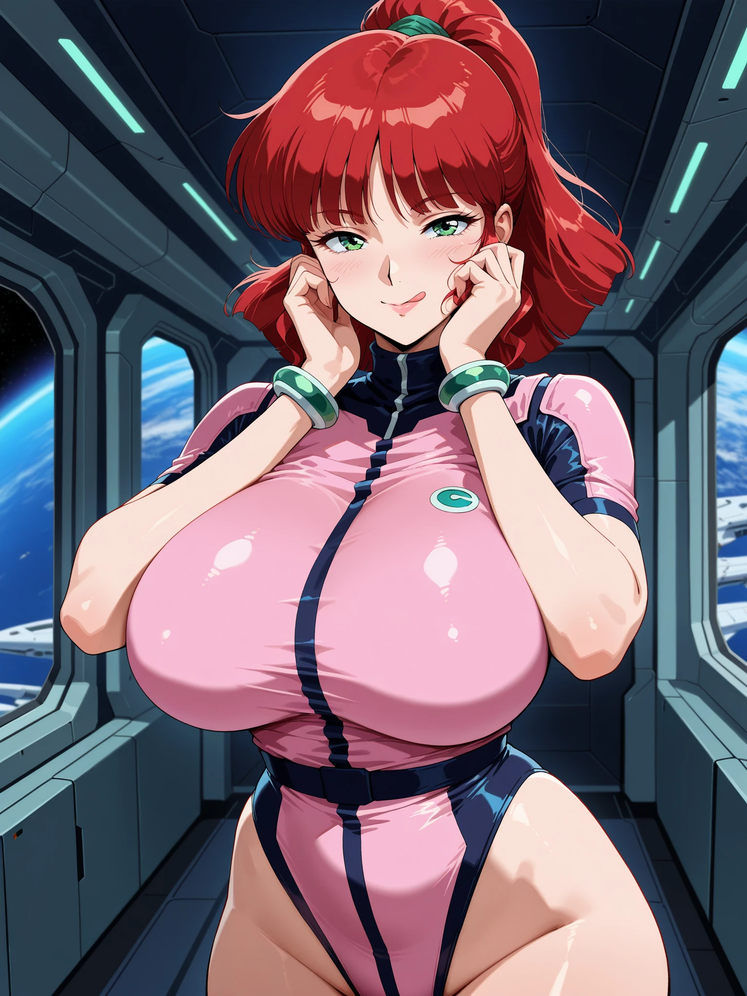 best quality, ultra-detailed masterpiece, anime art style, cute characters, nino nakano, one-piece swimsuit, large breasts, pantyhose, space station
