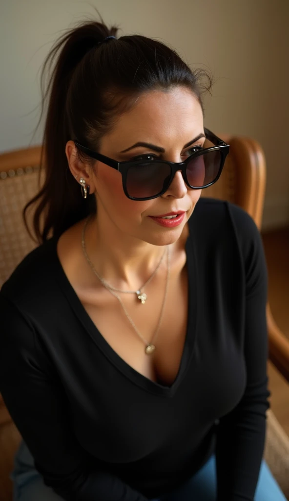 social maffia, bureau, Tinder photo of lawyer (Woman) with black sunglasses, deep neckline blouse, extrem light from lamp, dark room