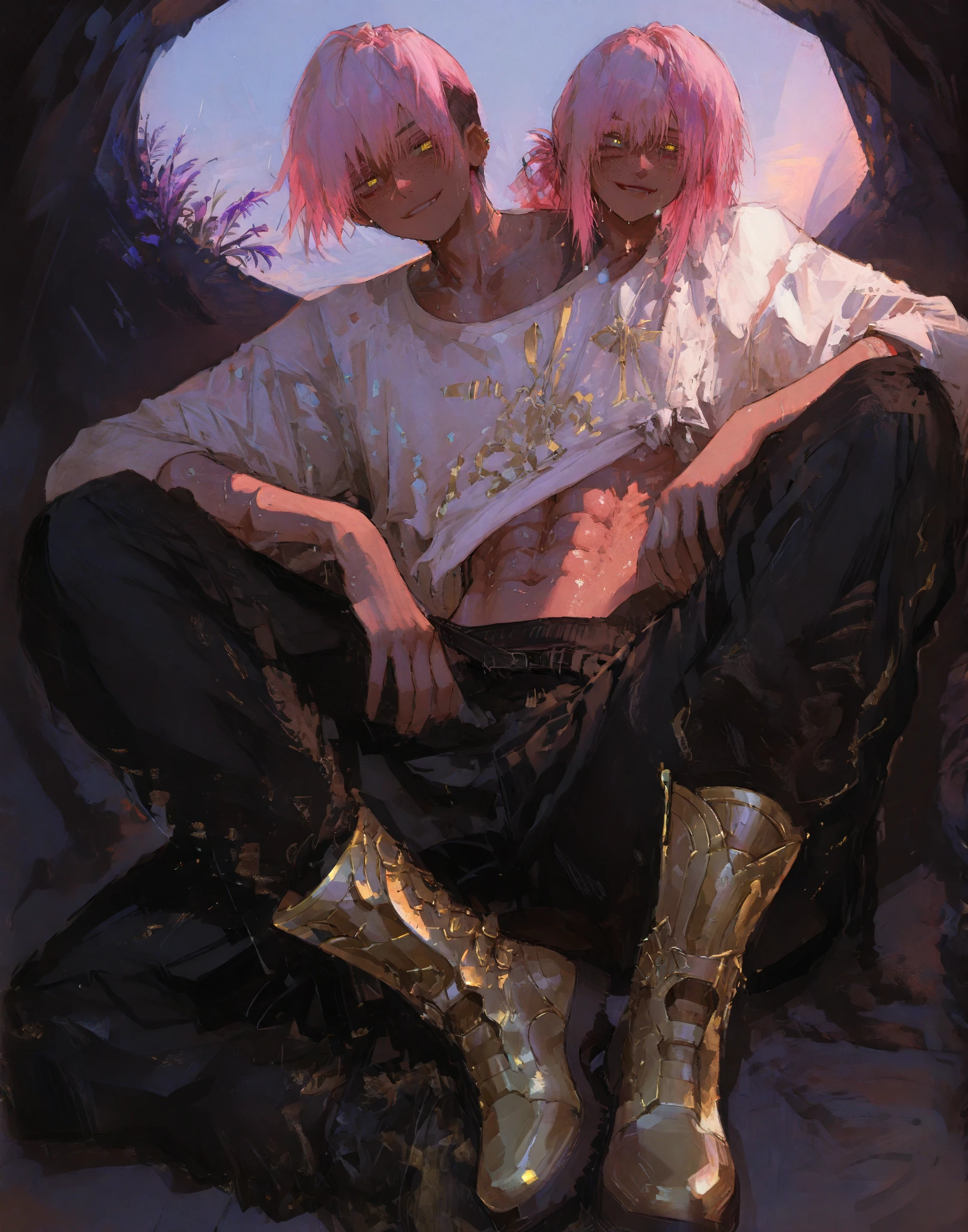 tanned boy mixed-race black skinned skinny young boy with freckles, glowing clear glossy wet shiny skin, short spiky lavender and salmon pink hair , black trimmed undercut taper sides and back behind hair, and sky blue neon eyes, baggy combat gi shirt with lavender trims shirt manly boy small abs with gold trim, and very baggy GI black very torn wrecked man baggy pants by revealing his legs and middle with glances with gold accents, horny silky face, soft golden hour lighting, in a cave background , anime-style, detailed and vibrant, and dark, tone, dawn, full body pic, in a thin hot manly pose with a smirk, very sweaty and silked , with very high long socks, and with combat fighting gold boots