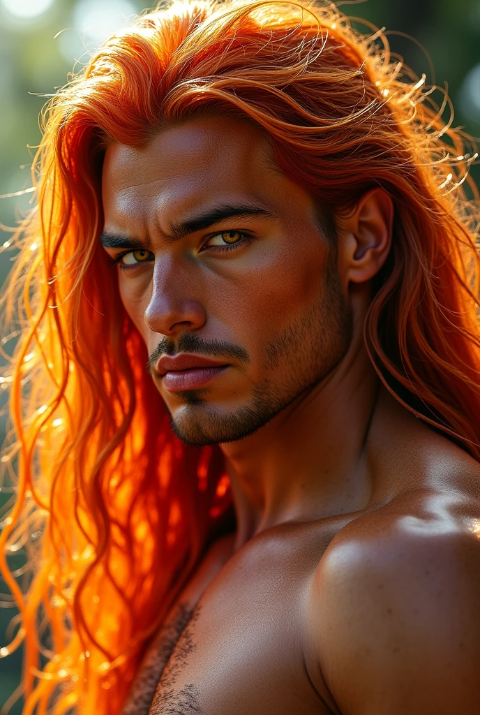 It is an man that looks like a tall, and statuesque girl. His now long, fiery orange hair cascades down in waves, the color lightening in a gradient towards the tips, suggesting it was bleached. The hair is intencionally scruffy and a little unkempt. His face is framed by this striking hair, highlighting his porcelain skin. His large, expressive orange eyes, created with an pair of colored contact lenses to match his hair perfectly. Despite having a flat chest, he uses padding to create the illusion of curves, and padded underwear gives him a much more pronounced butt. Altough, there is still an pretty visible bulge in the padded panties, his dick imprinting from the outside.