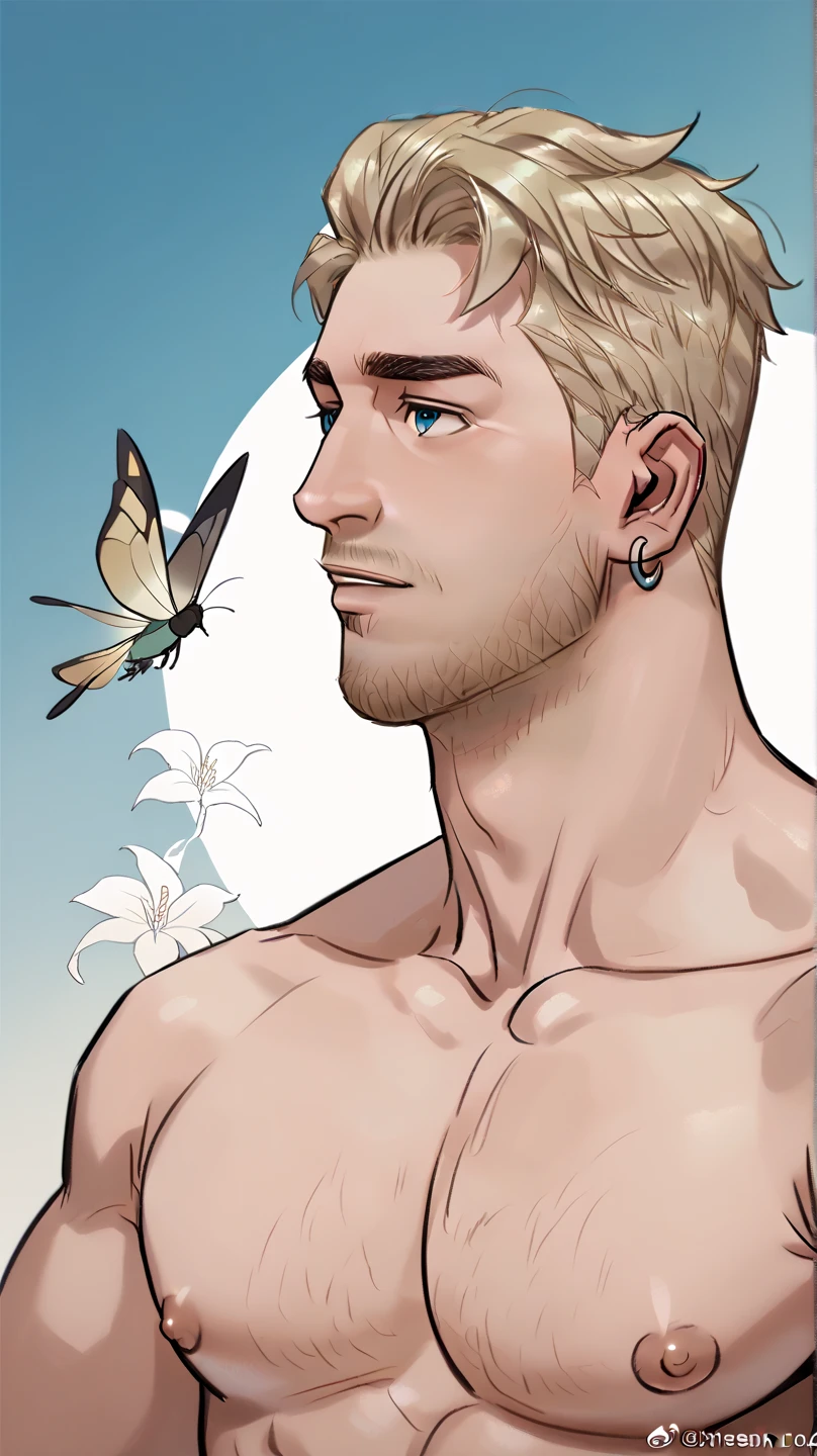 Zhenya Bogdanov Vissarionovich from Codename Anastasia Yaoi manhwa, strong and muscular giant russian blonde white man, eyes blue ocean and owl tattoo over his chest