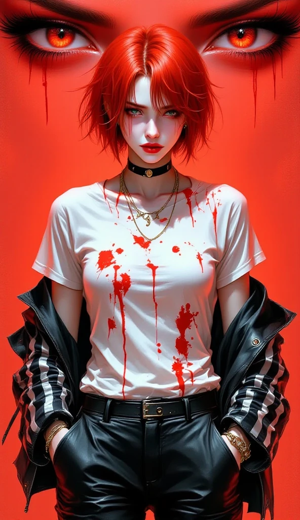 (masterpiece, best quality:1.2), cover image, splashed color background, highly detailed, colorful black, 1 girl, long silver hair, red eyes, short hair, blunt bangs, mannequin, cool face, ((( blue clothes))), illustration, horror art, dread, creepy, blood, blood eyes, gore, sitting,