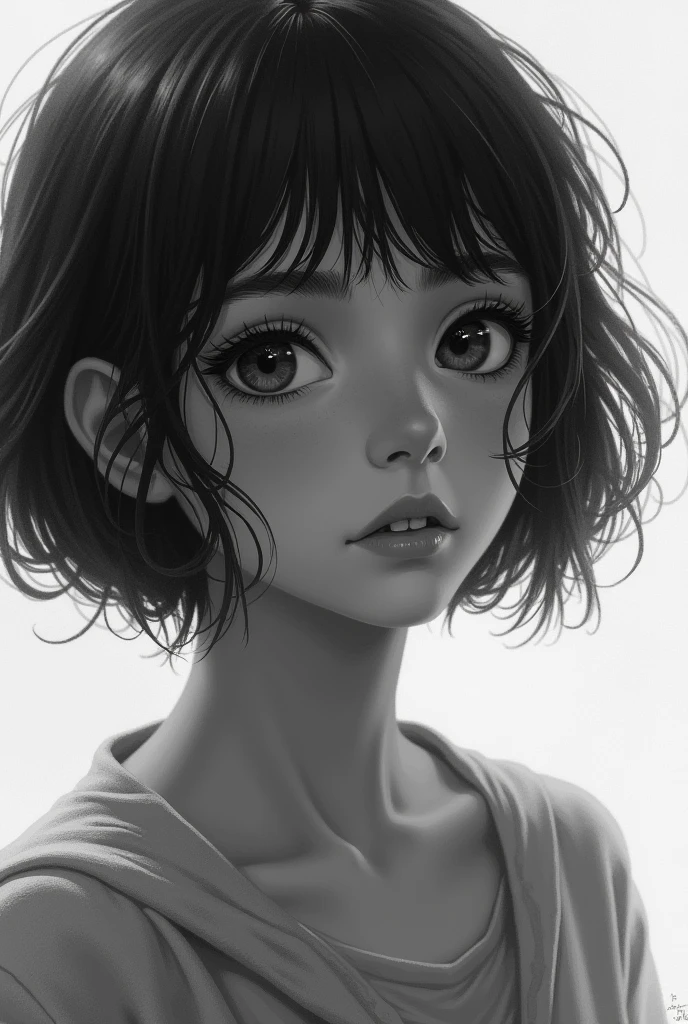 1 boyish girl, solo, sharp eyes, monochrome, greyscale, short black hair, portrait, white T-shirt, closed mouth, looking at viewer, graphite \(medium\), detailed lips, hatching \(texture\), without makeup, bangs, upper body, (best illustration), (best quality), (very detailed), (masterpiece), expressionless,