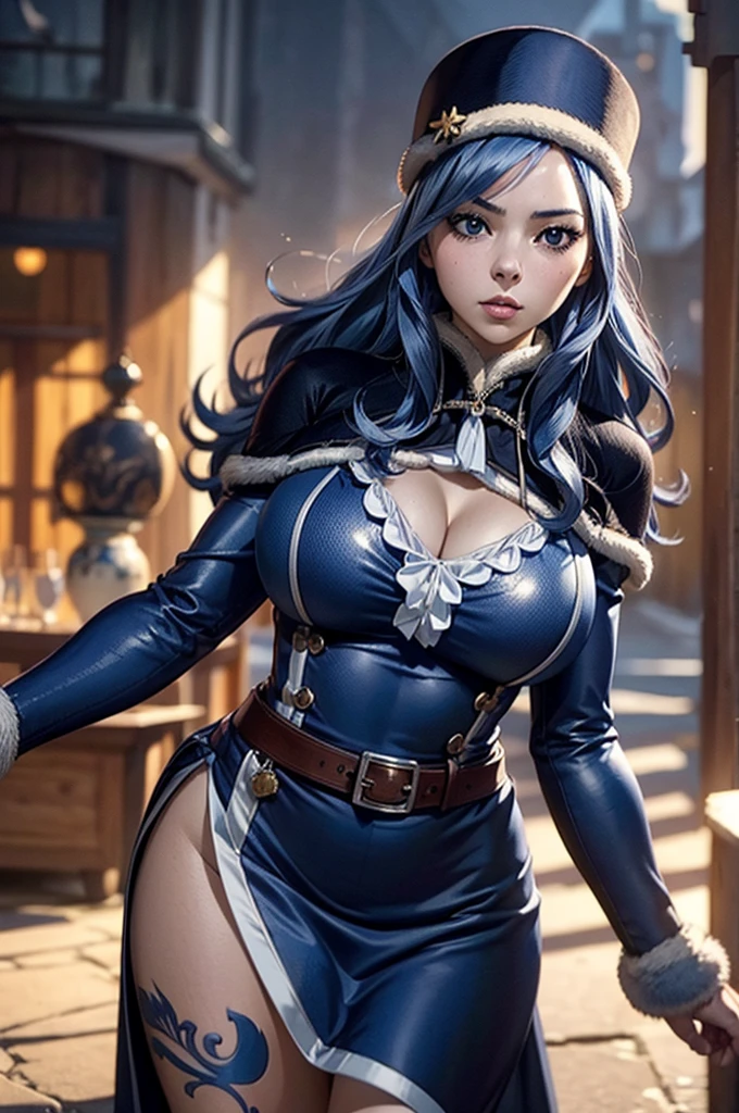1girl, mature female, shiny skin, (masterpeice), (wallpaper), (high quality), (absurdres), geneva, black gloves, blue eyes, blue fire, blush, breasts, fingerless gloves, fire, fishnets, flame, gloves, large breasts, long hair, looking at viewer, navel, ninja, silver hair, smile, solo,two-tone hair, pleated skirt,cleavage, scarf,hair ornament, ponytail, wooden floor, wooden wall, blue skirt, fishnet top,cowboy shot, white scarf,