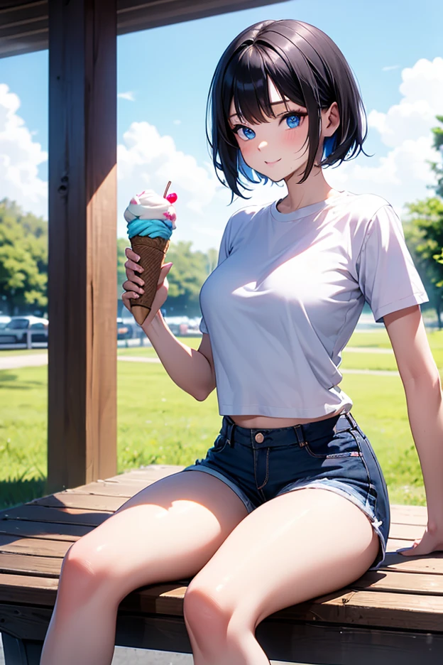 score_9,score_8_up,score_7_up,masterpiece,best quality, source anime, realistic, super detailed, extreme detailed, rating_safe,
1girl, sitting, on bench, (popsicle),
BREAK girl, 22yo, short hair, bob cut, (blunt bangs), black hair, (tareme, detailed cute brown eyes), curled eyelashes, (large breasts:0.9),
shiny hair, beautiful detailed eyes, beautiful face,
slender, small ass, slim legs,
white collared shirt, (sweat:1.2), (see through:1.1), black tight mini skirt, pumps,
blush, half-closed eyes,
outdoors, country town, candy store, summer, blazing sun, shade, during a break from outside sales